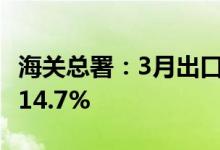海关总署：3月出口2760.8亿美元，同比增长14.7%