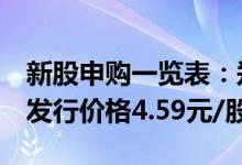 新股申购一览表：郑州银行申购代码002936发行价格4.59元/股